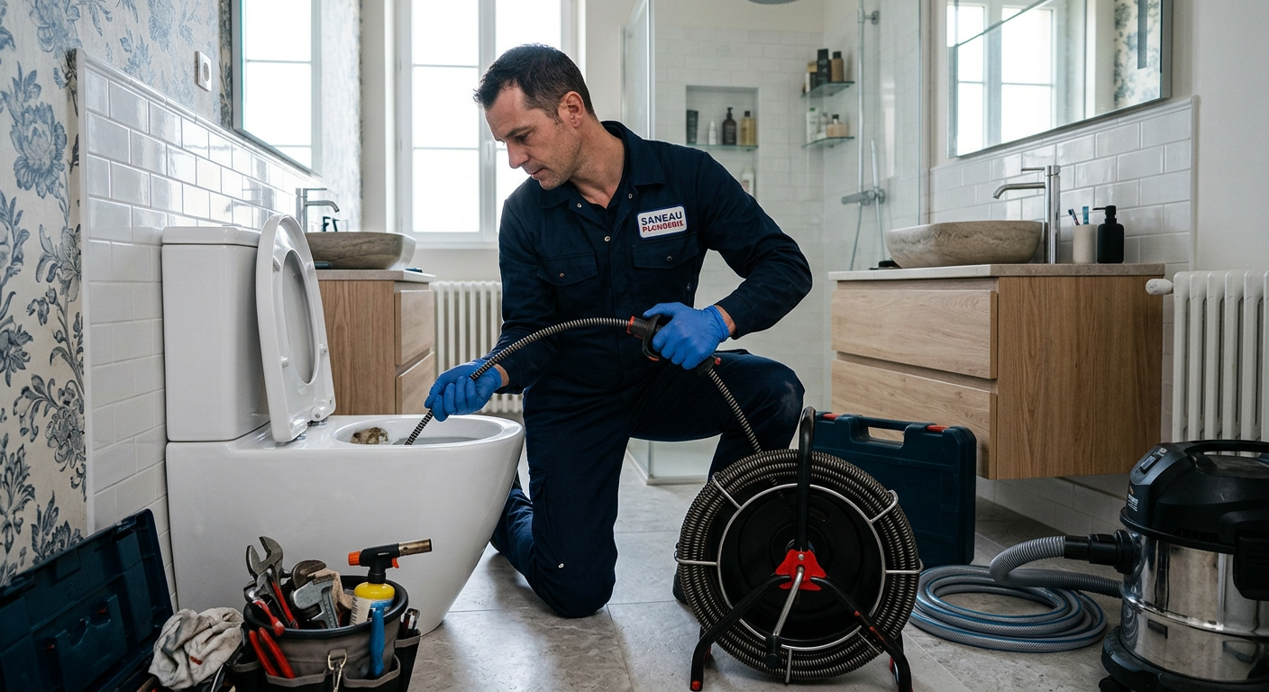 Plombier débouchant des WC avec un furet électrique à Champs-sur-Marne